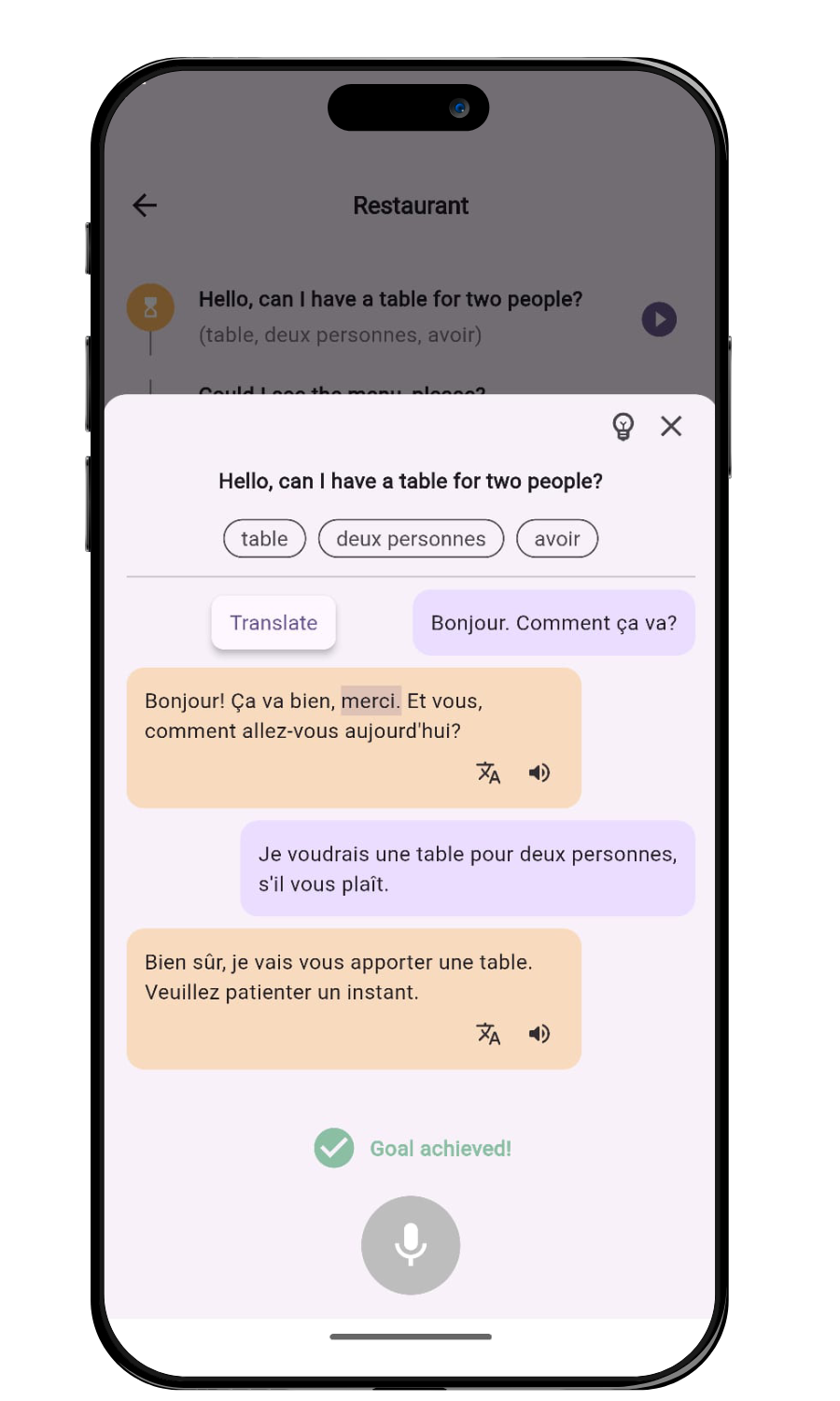 French AI speaking practice app screenshot