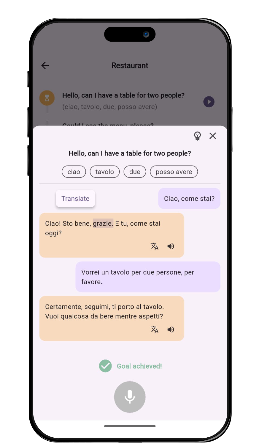 Italian AI speaking practice app screenshot