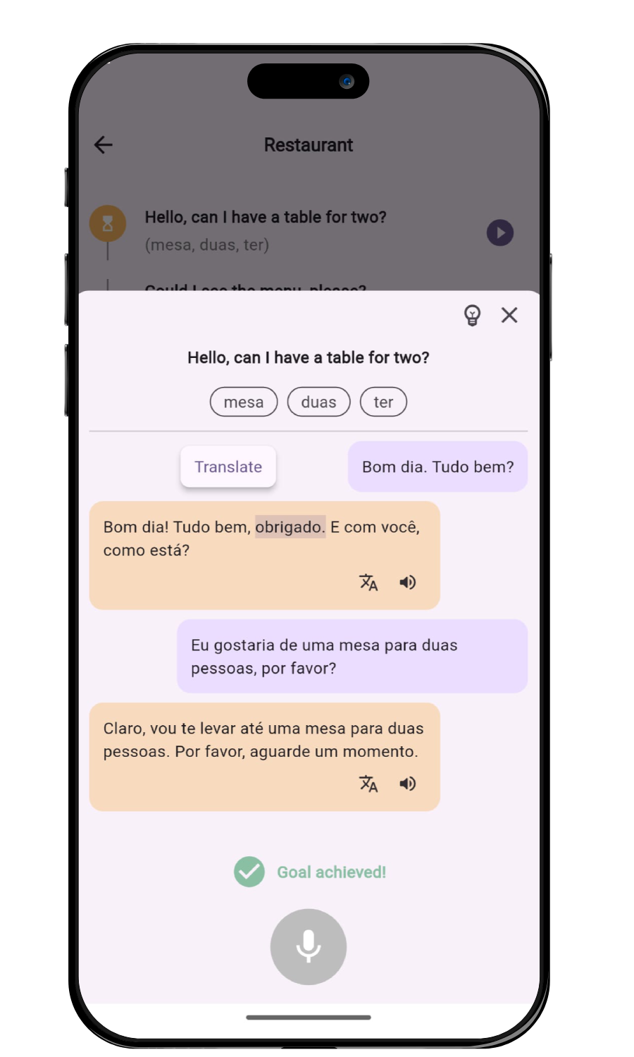 Brazilian Portuguese AI speaking practice app screenshot